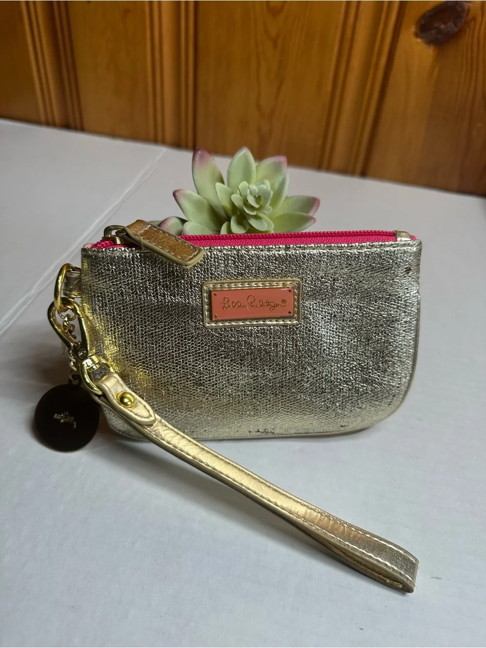 Gold Wristlet Coin Purse with Floral Charm